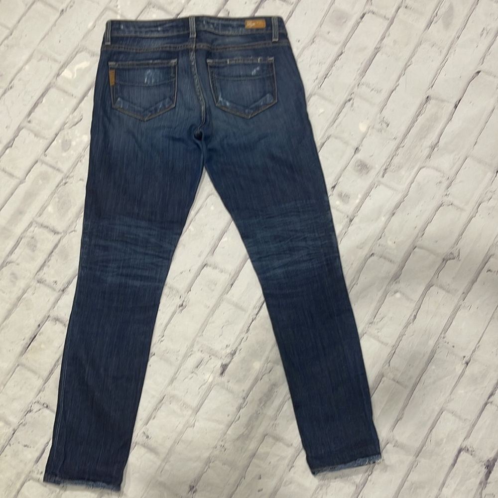 Paige Skyline Mid-Rise Jeans Light Distressing Skinny Straight Dark Wash Denim - Picture 7 of 11